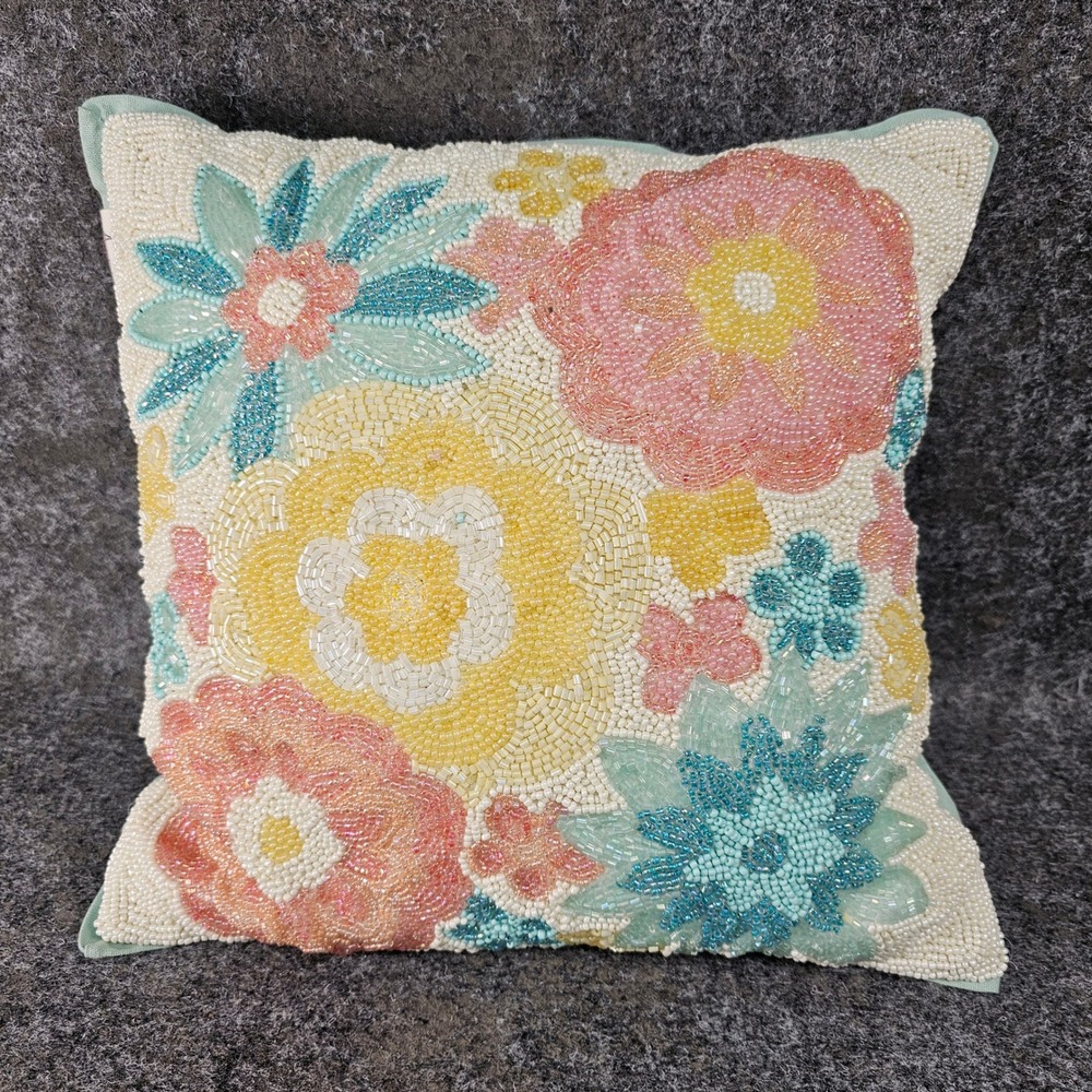 Artistic Accents Beaded Floral Pillow Cover, Pastels, 14" x 14"